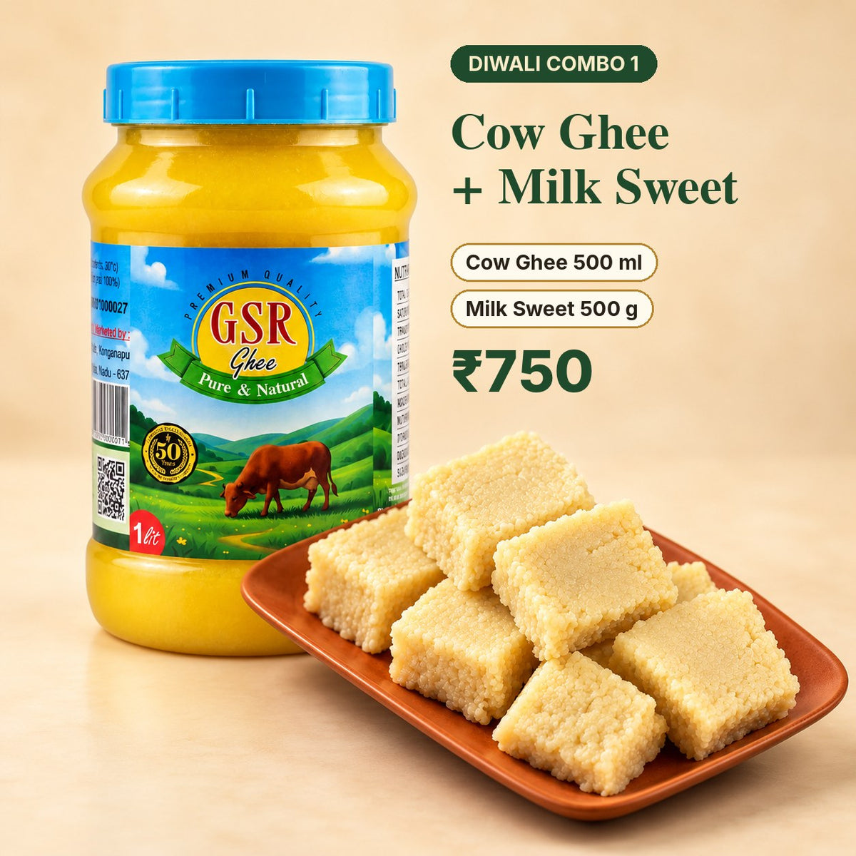 GSR Diwali Combo 1: Cow Ghee 500 ml and Milk Sweet 500 g, ₹750