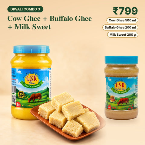GSR Diwali Combo 3: Cow Ghee 500 ml, Buffalo Ghee 200 ml and Milk Sweet 200 g, ₹799