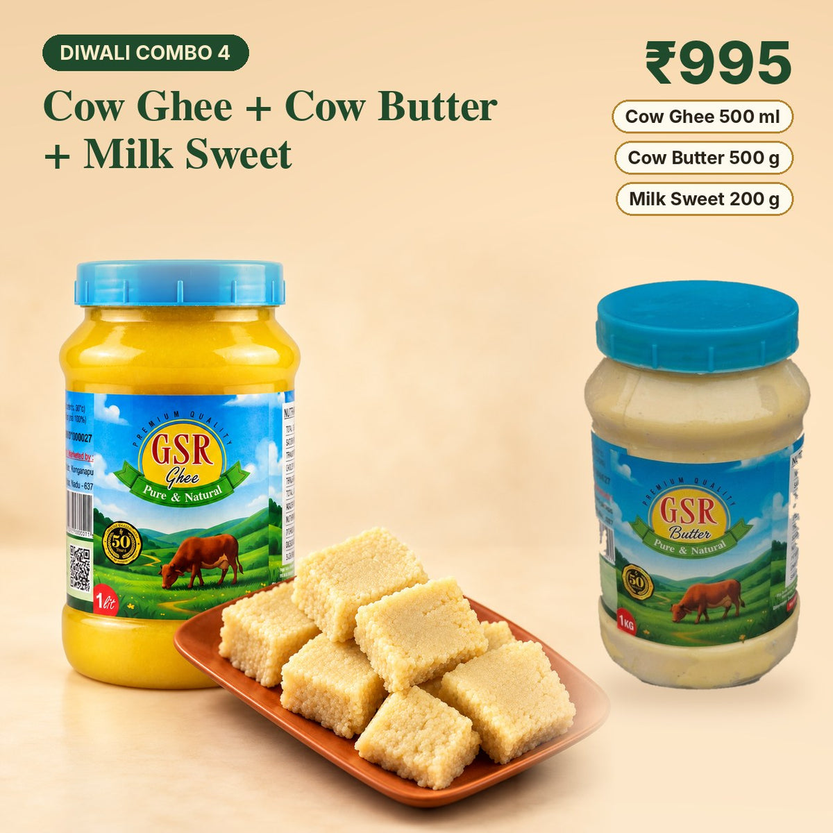 GSR Diwali Combo 4: Cow Ghee 500 ml, Cow Butter 500 g and Milk Sweet 200 g, ₹995