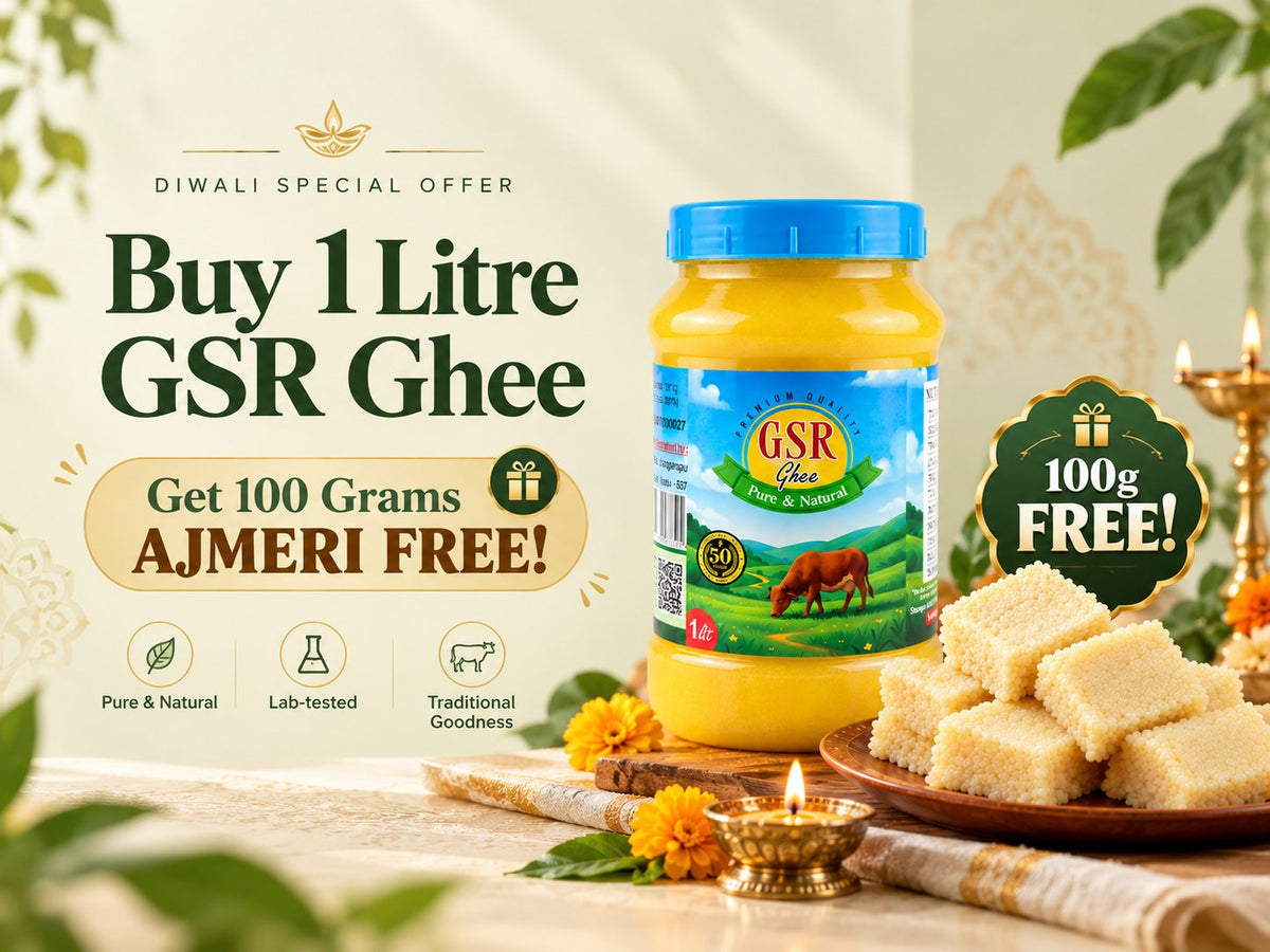 Diwali special offer: buy 1 litre GSR Ghee and get 100 grams Ajmeri free