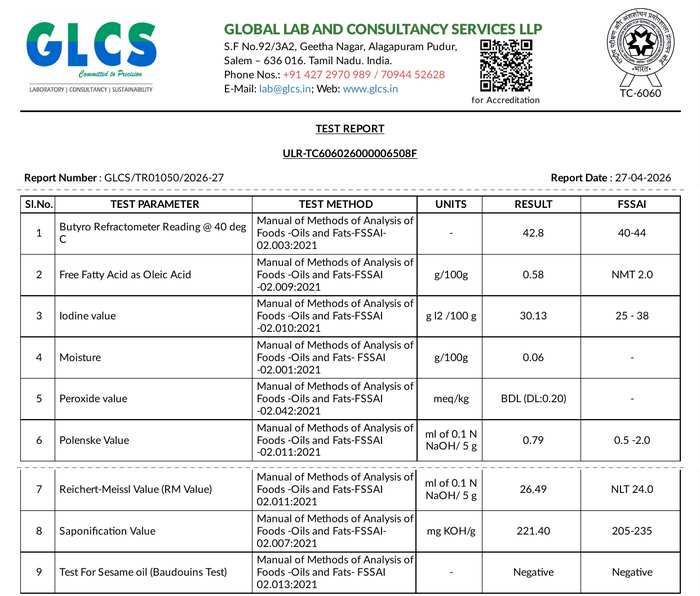Lab test report GLCS/TR01050/2026-27 for GSR Ghee from Global Lab and Consultancy Services LLP, Salem, dated 27 Apr 2026, showing 9 test results against FSSAI limits
